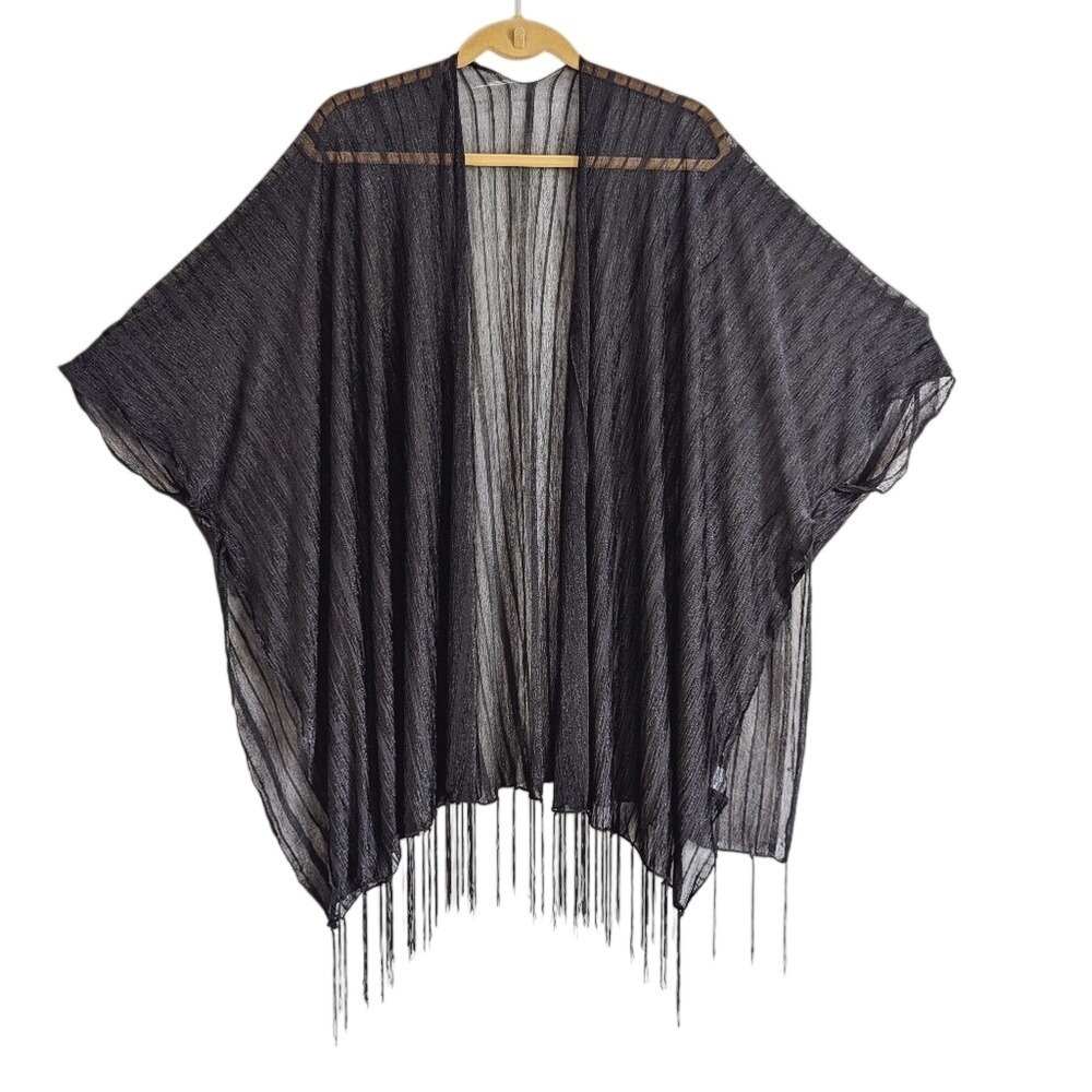 Jessica McClintock Vintage 80s Dark Vampy Boho Chic Sheer Fringe Duster Cardigan